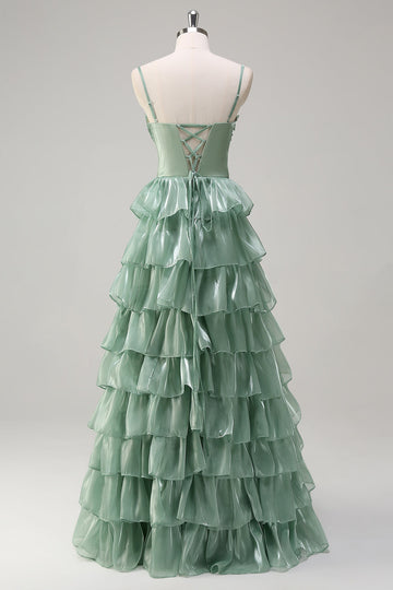 Støvet salvie A Line Spaghetti Stropper Ruffled Lang brudepige Kjole Slids